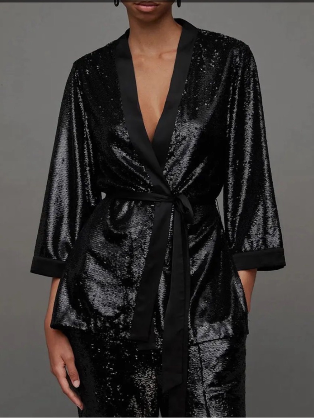 All Saints Black Sequin Wrap Robe with Satin Trim